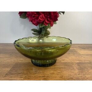 E O Brody Avocado Green Pedestal Glass Bowl Vintage Mid Century Decor USA
